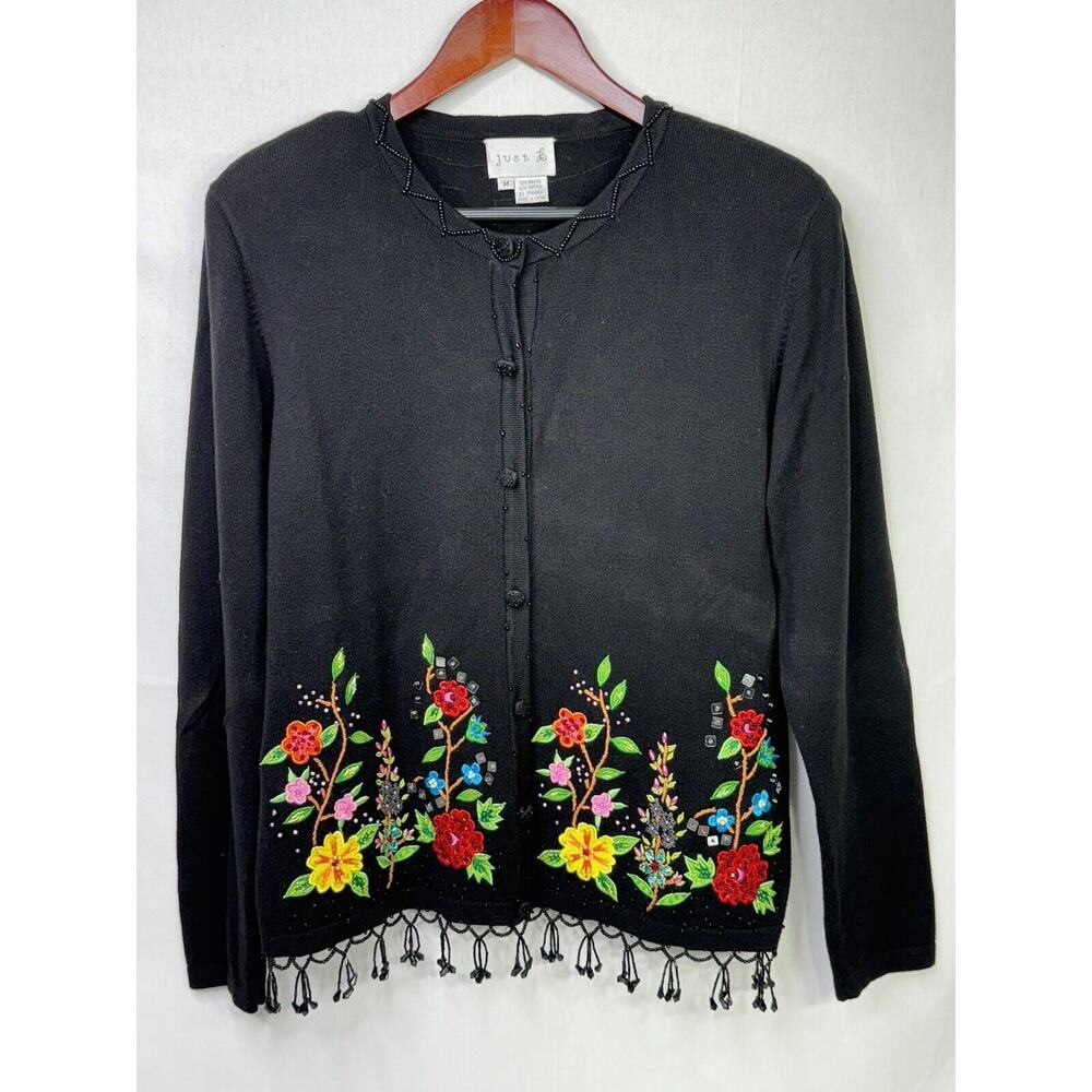 Just B Cardigan Sweater Black Embroidered Beaded Sequins Flowers Size Medium